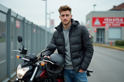 Jeune homme avec casque moto devant une moto moderne