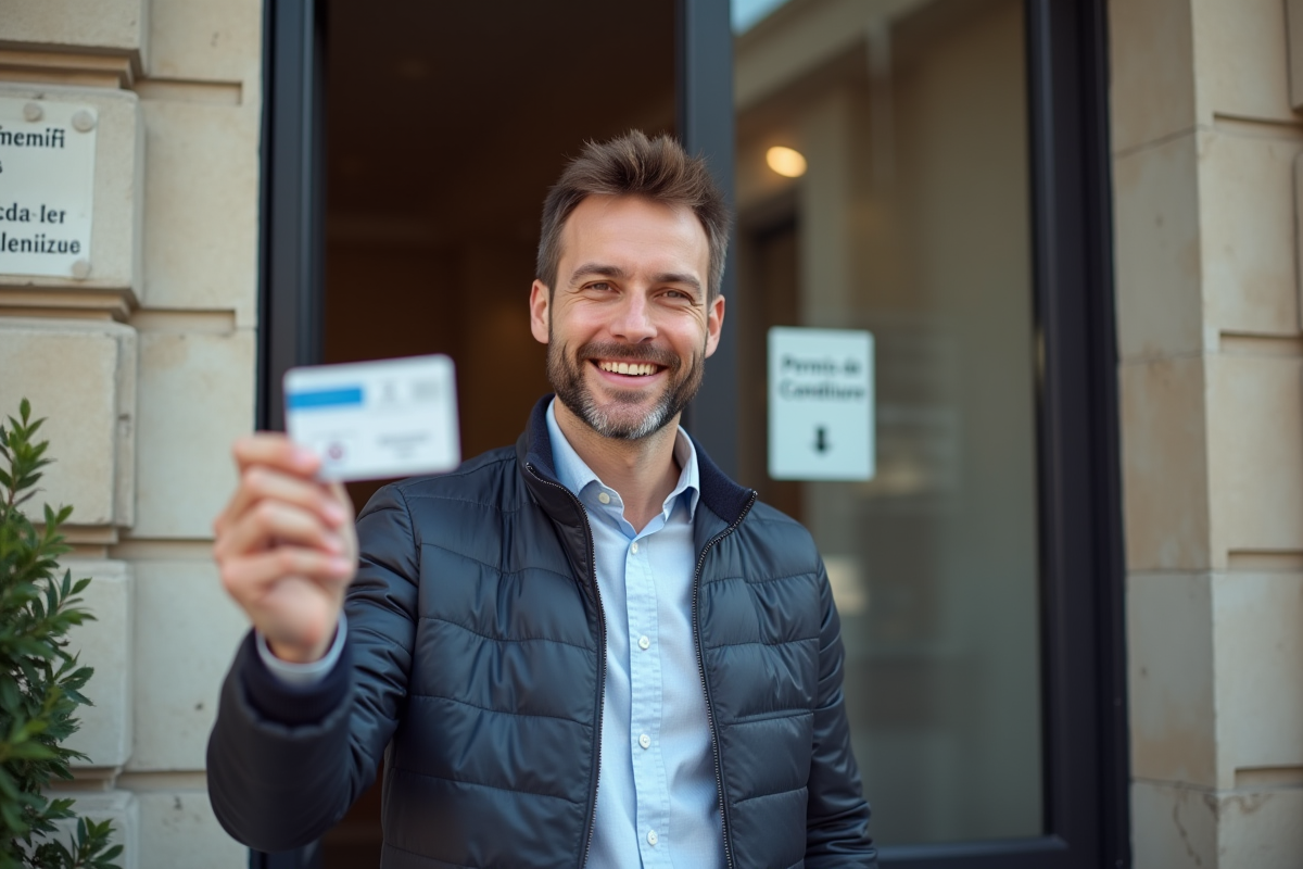 Jeune homme souriant avec son permis de conduire devant un bâtiment officiel