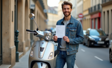 Jeune homme souriant avec scooter en ville
