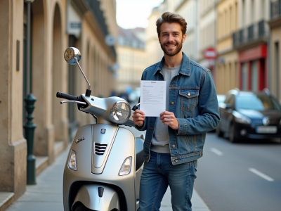 Jeune homme souriant avec scooter en ville