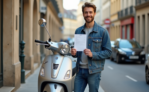 Jeune homme souriant avec scooter en ville