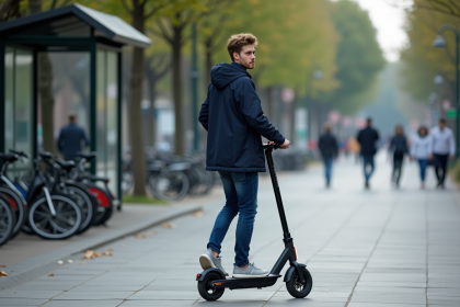 Jeune homme en scooter électrique dans la ville