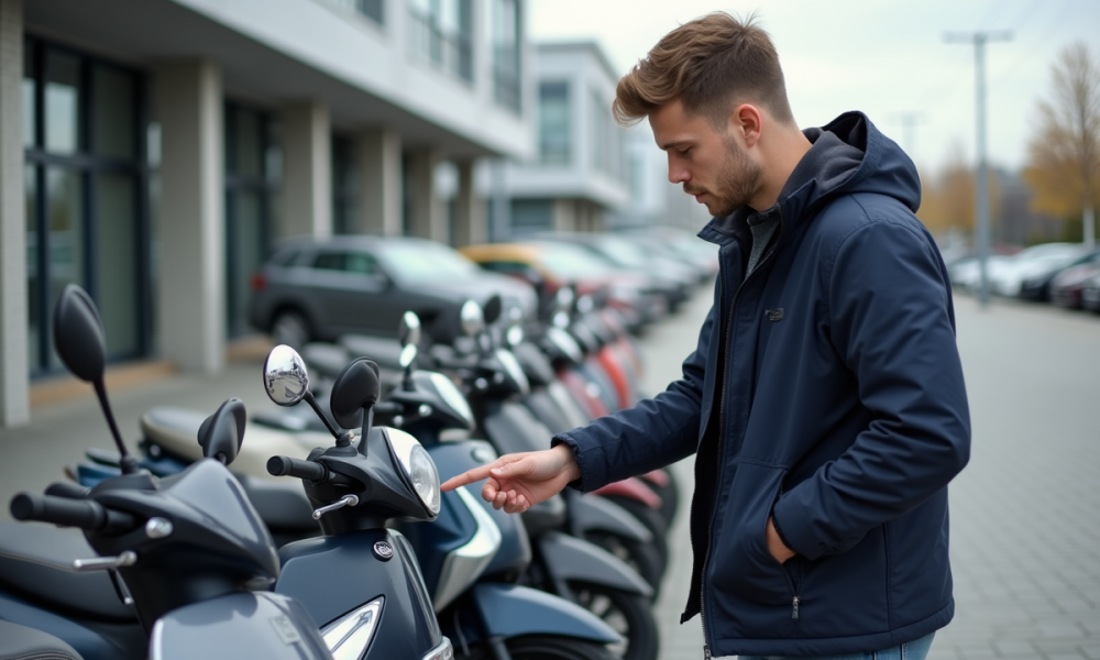 Jeune homme examine des scooters 50 cc en ville