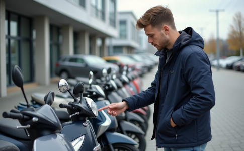 Jeune homme examine des scooters 50 cc en ville