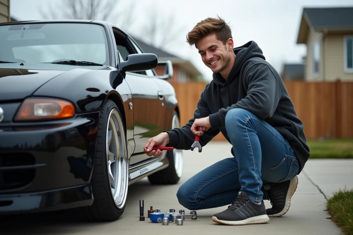 Jeune homme ajustant une roue de Nissan Silvia dans la cour