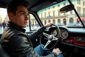 Jeune homme en cuir dans une voiture ancienne en ville