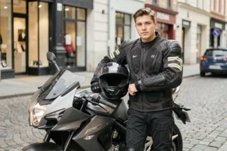 Jeune motard en veste textile avec homologation A2 posant à côté de sa moto dans une rue urbaine