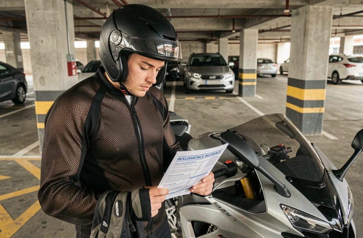 Jeune motard malussé lisant un avis d'assurance moto dans un parking souterrain à côté de sa moto sportive