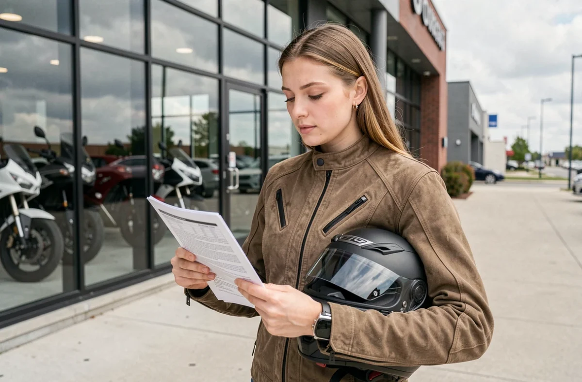 Jeune femme motarde tenant des documents de devis d'assurance moto devant une concession