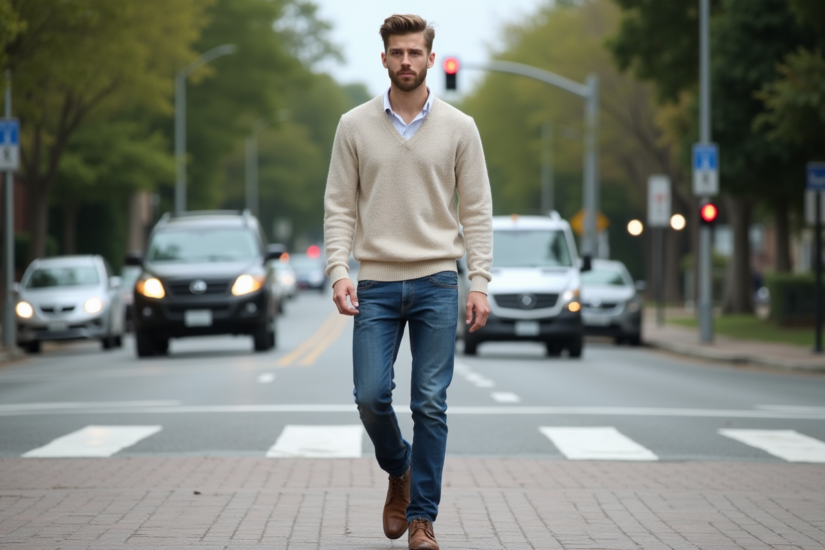 Jeune homme traversant un passage piéton en banlieue