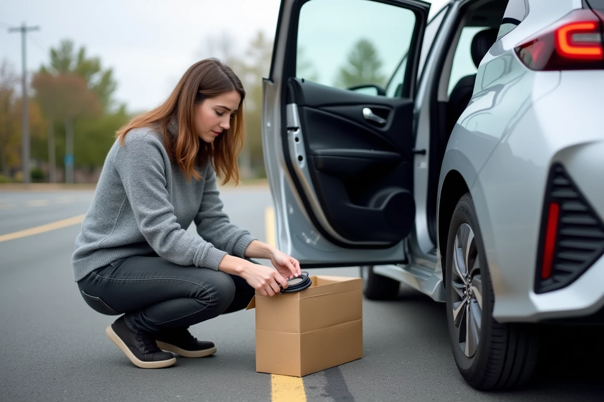 Femme inspectant un joint de portière compatible pour voiture récente dans un parking extérieur