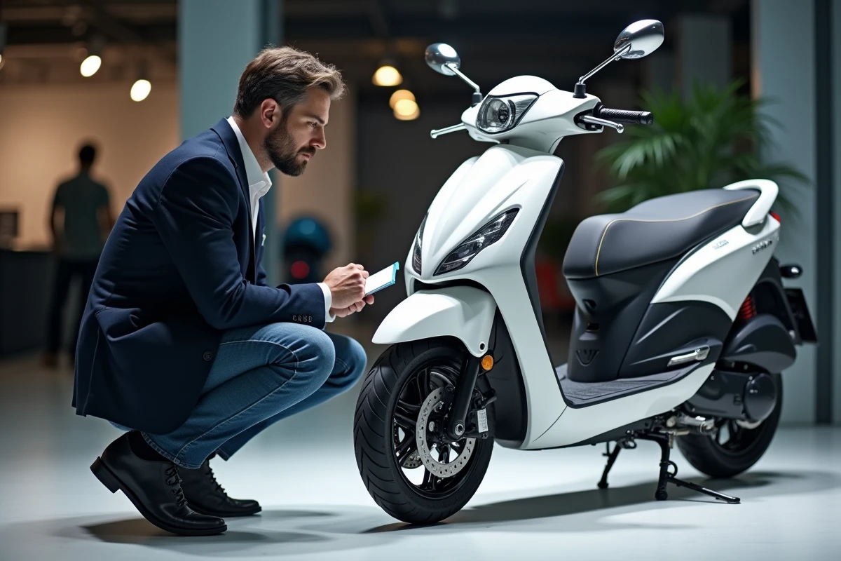 Journaliste examinant un scooter prototype au salon EICMA 2026 lors d'une présentation officielle en intérieur