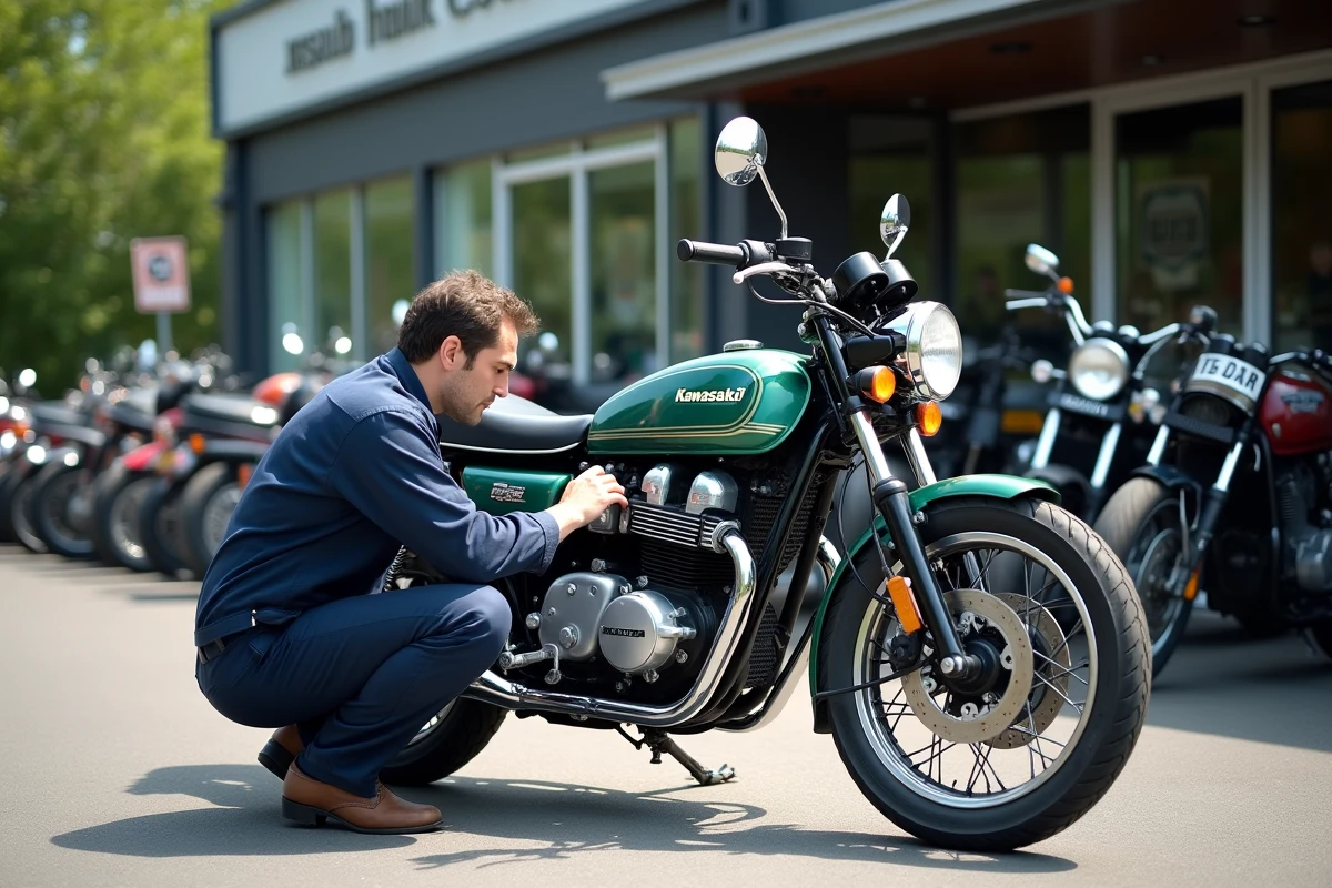 Mécanicien professionnel inspectant une Kawasaki KZ 400 d'occasion dans un concessionnaire de motos vintage
