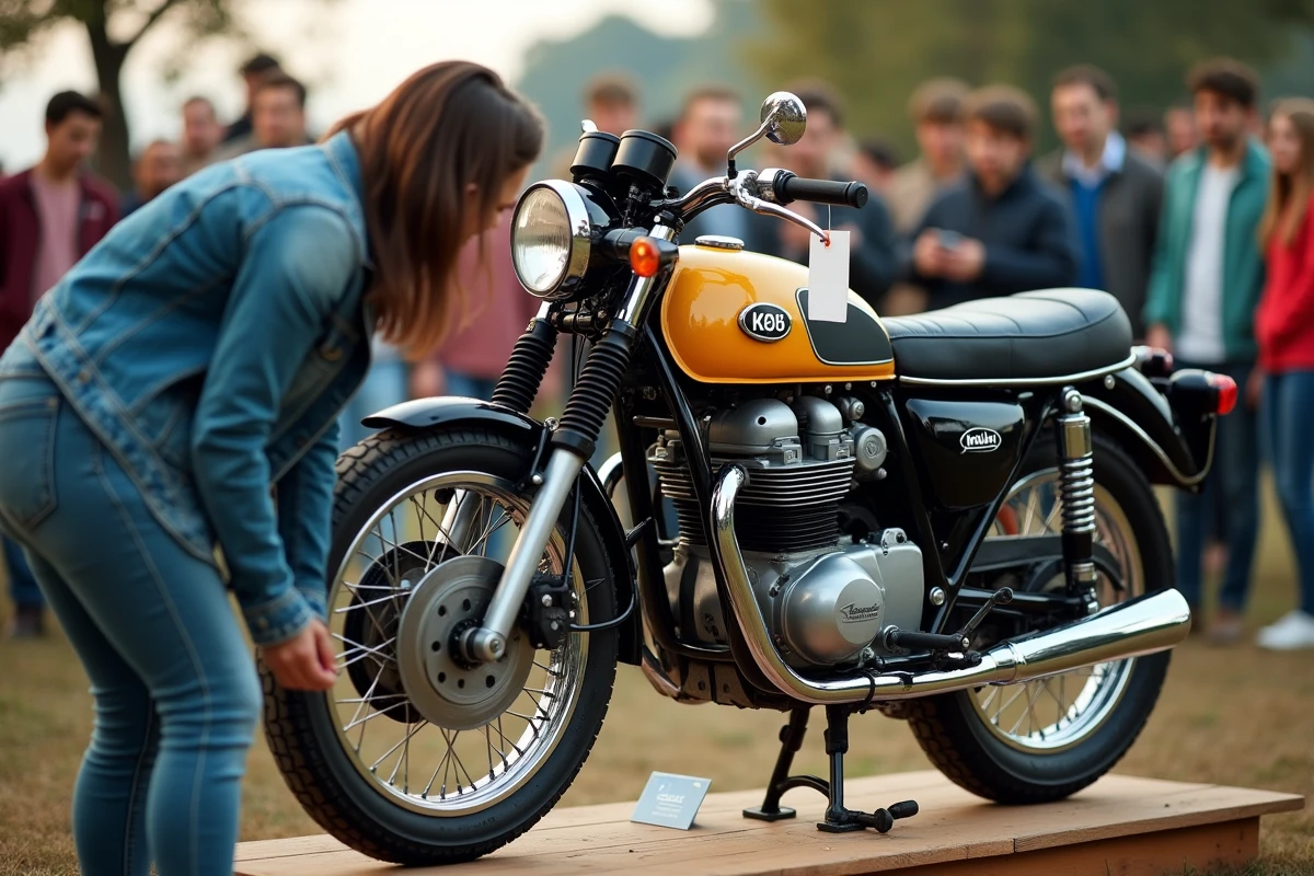 Femme examinant une Kawasaki KZ 400 lors d'une vente aux enchères de motos classiques en plein air