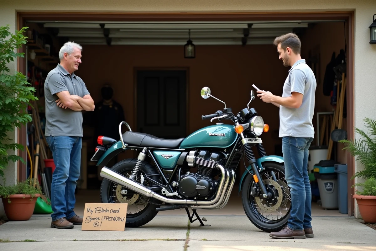 Vente privée d'une Kawasaki KZ 400 entre particuliers dans une allée résidentielle avec panneau de prix