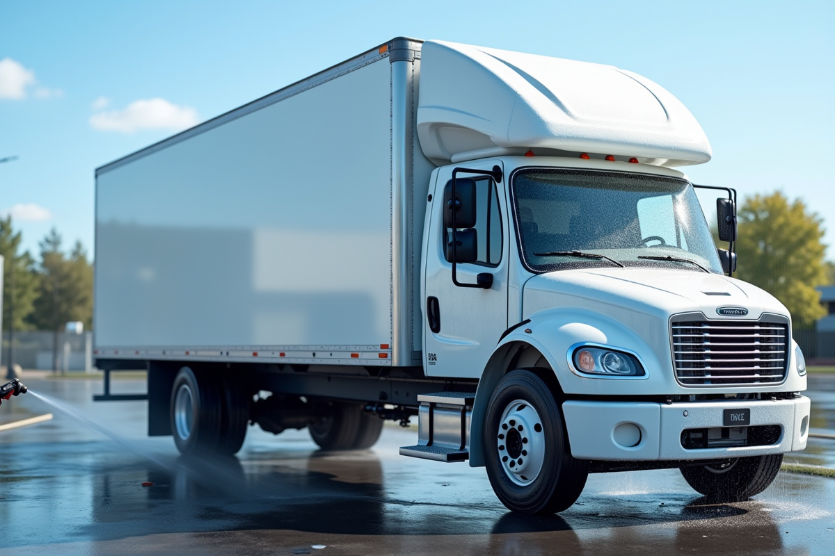 Camion de livraison blanc lavé à haute pression en extérieur