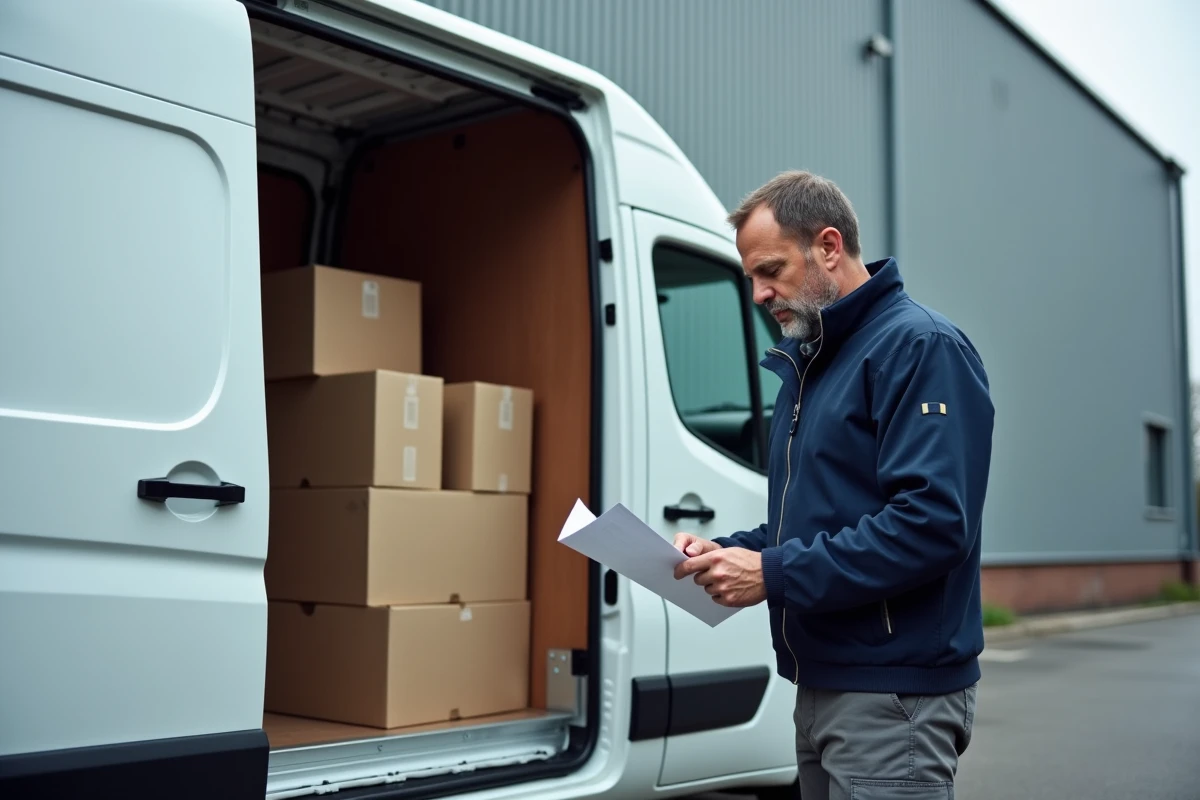 Livreur chargeant des colis dans un fourgon électrique Renault Trafic L1H1 vue latérale