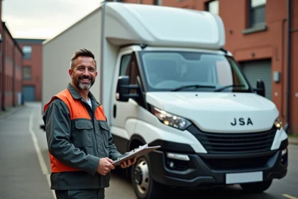 Livreur homme avec van commercial dans zone urbaine