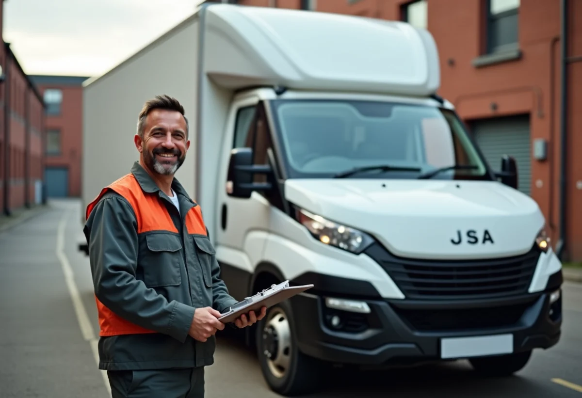 Livreur homme avec van commercial dans zone urbaine