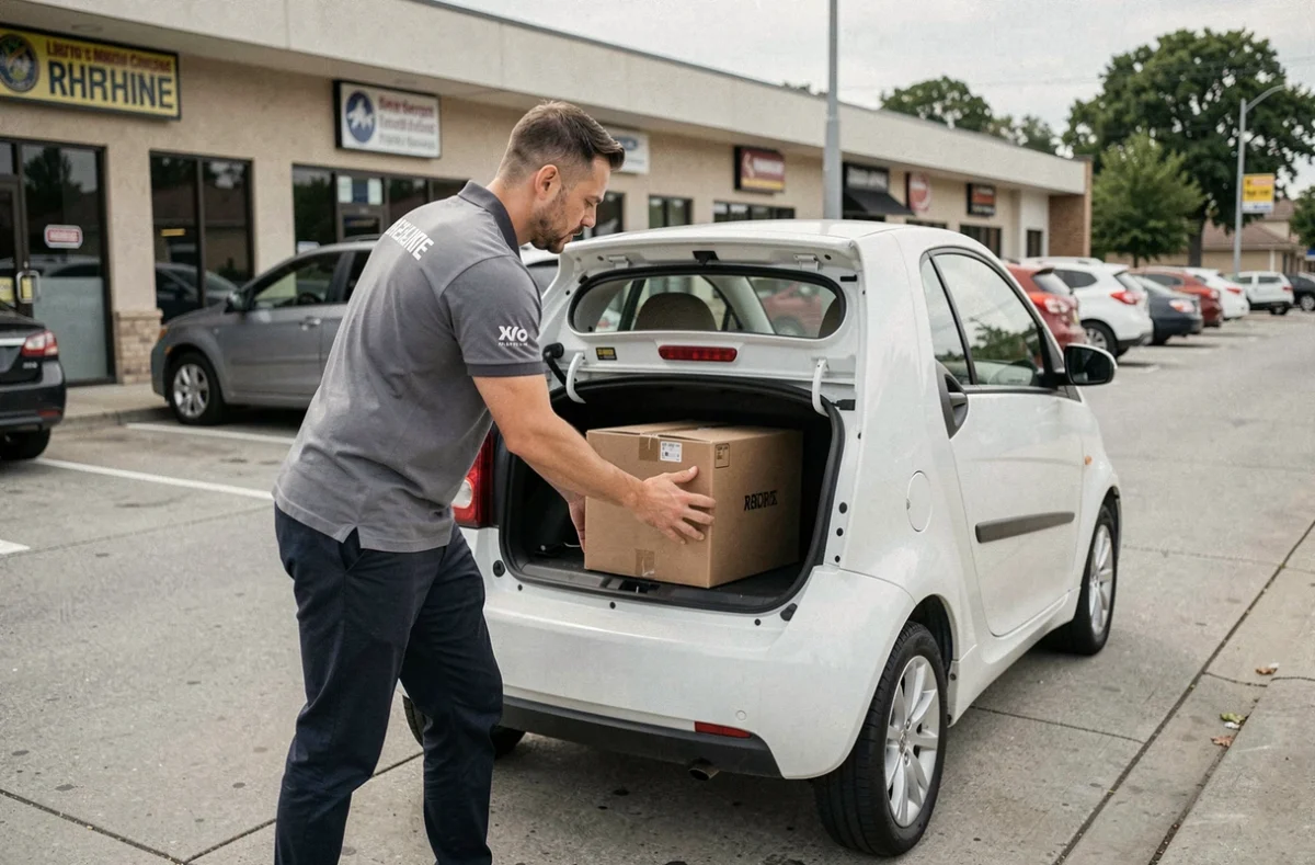 Livreur chargeant un colis dans une voiture sans permis blanche dans une zone commerciale périurbaine