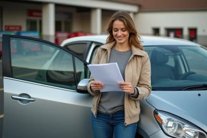 Femme examinant un contrat de location de voiture mensuelle devant un Leclerc