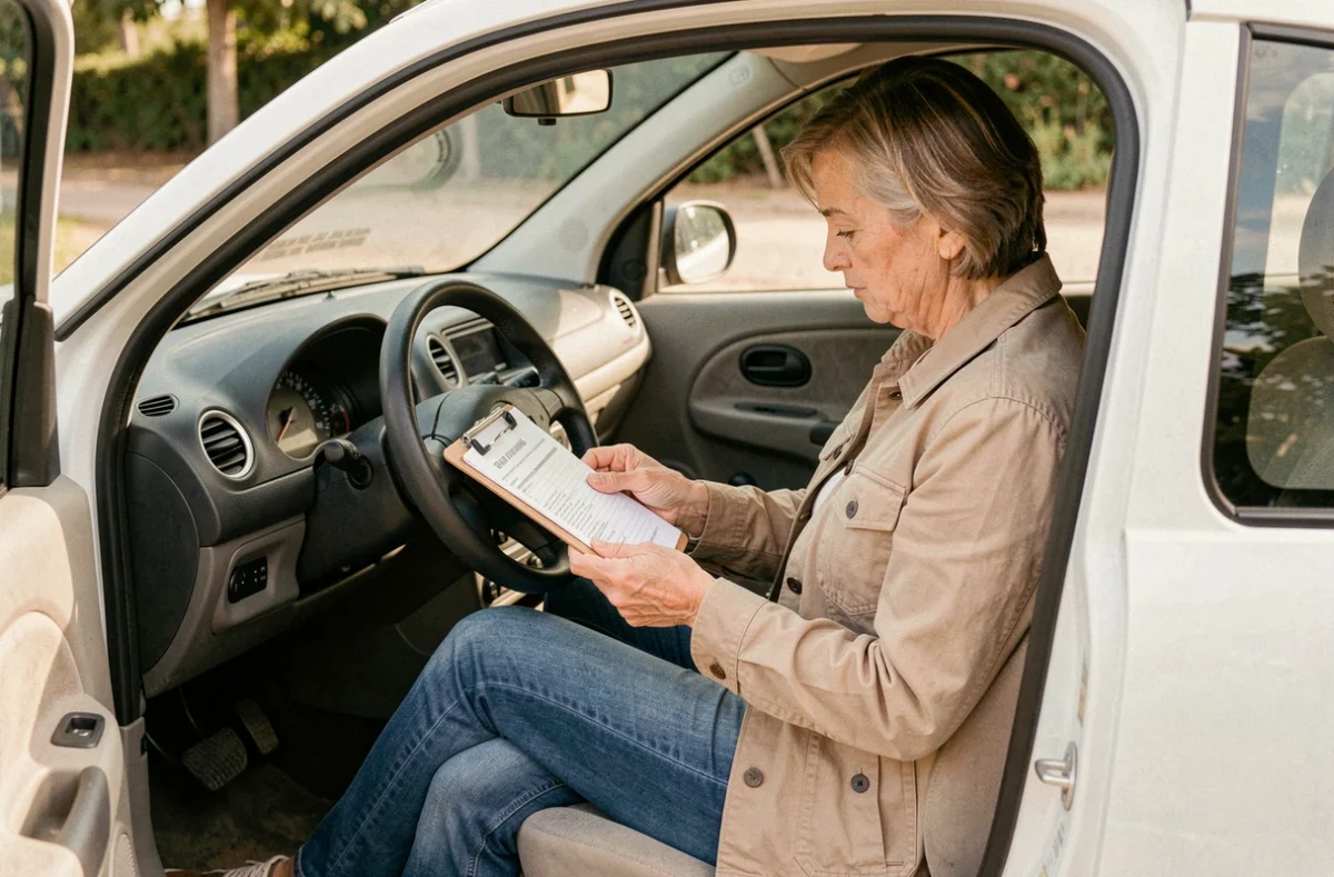 Femme consultant un contrat de location de voiture sans permis assise dans l'habitacle d'une voiturette