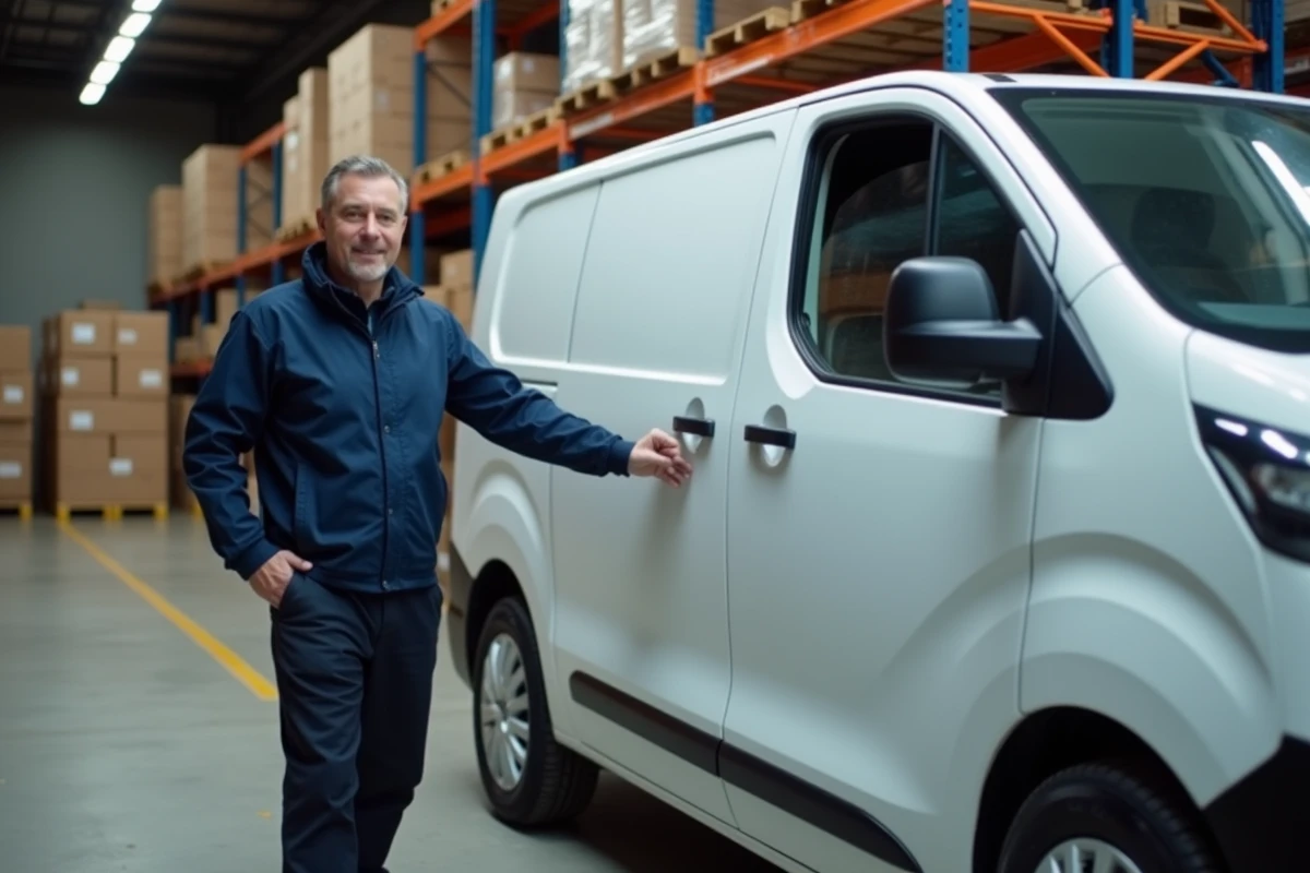 Technicien mesurant la longueur d'un Peugeot Expert L3 dans un entrepôt logistique