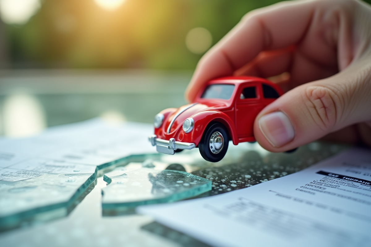 Main tenant une petite voiture rouge au-dessus de documents d