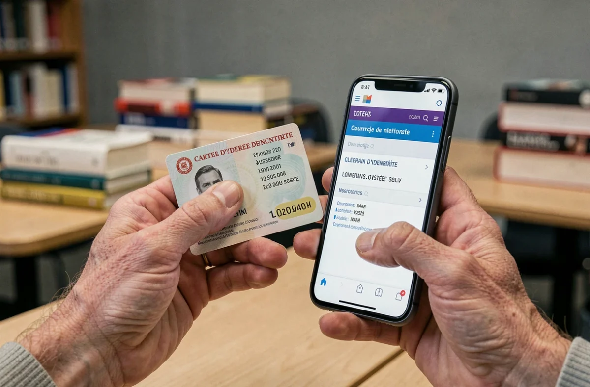 Mains tenant une carte d'identité française et un smartphone pour retrouver le numéro de formule en ligne
