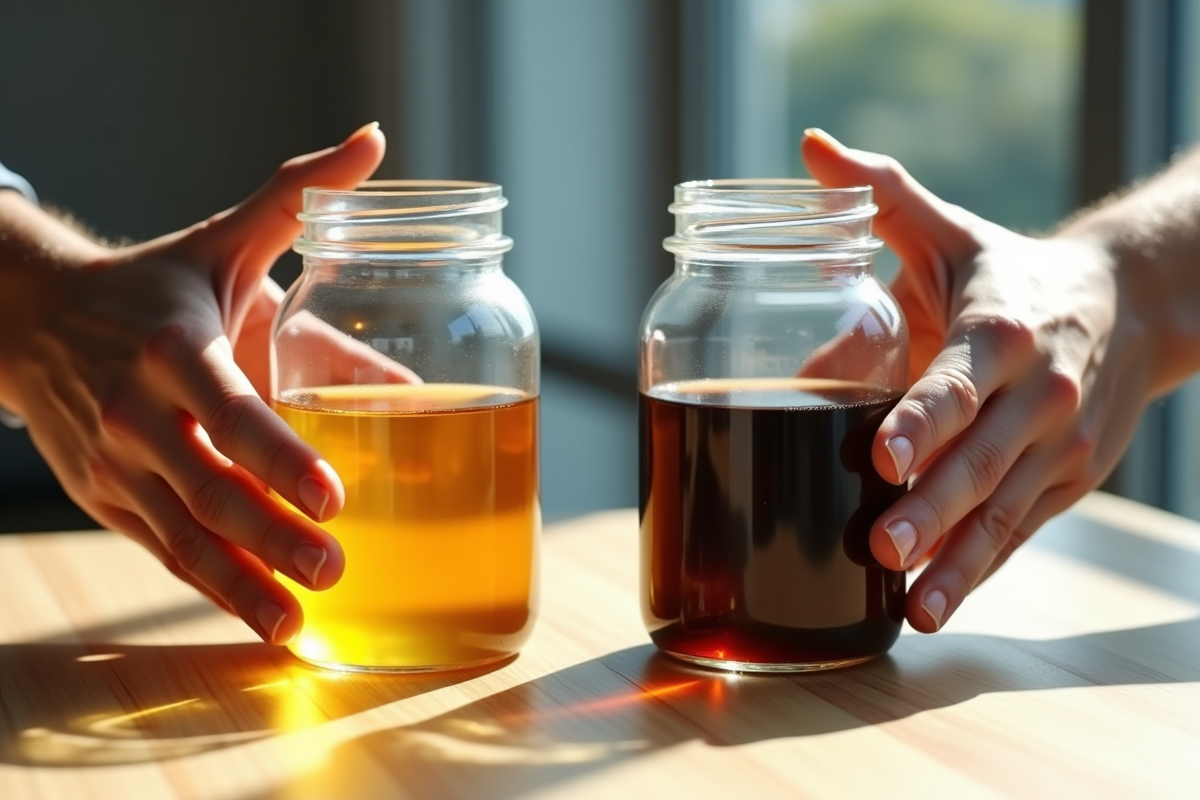 Deux mains tenant des verres avec essence et diesel sur table en bois