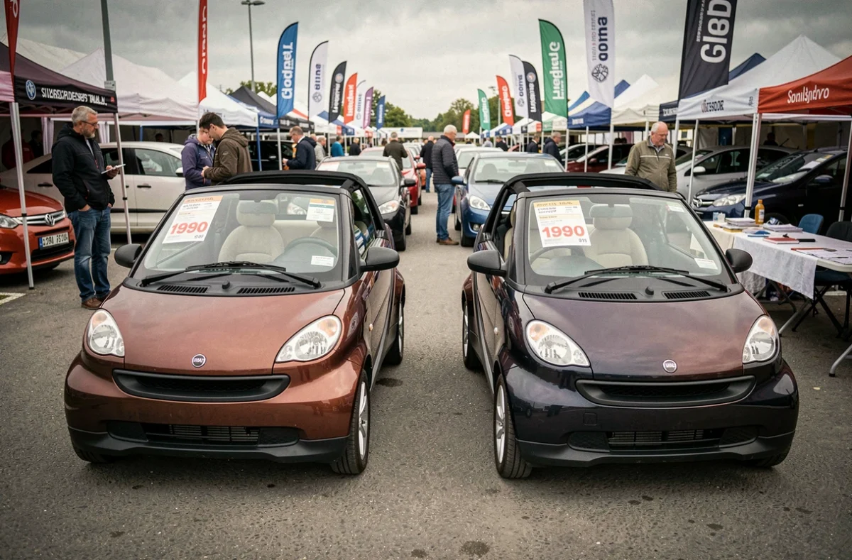 Deux voitures sans permis cabriolet d'occasion exposées côte à côte lors d'un marché de véhicules d'occasion en plein air