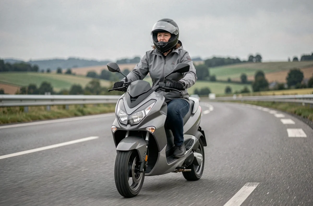 Femme casquée conduisant un maxi-scooter 3 roues sur une route de campagne ouverte