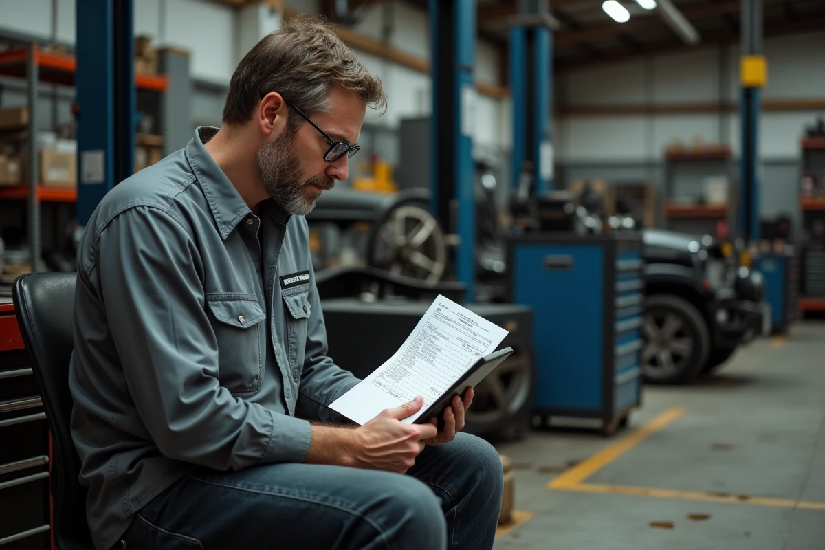 Mécanicien vérifiant une commande de pièces automobiles sur une tablette dans un atelier de réparation avec facture papier en main
