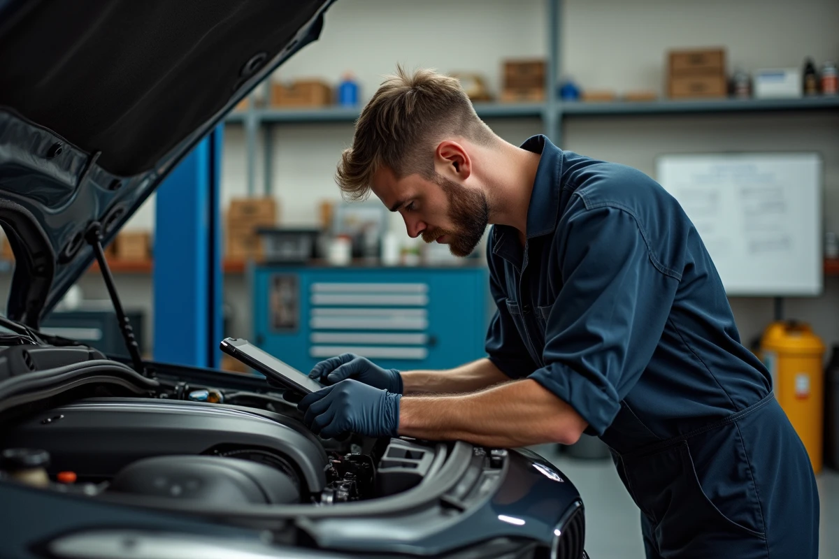 Mécanicien automobile inspectant le moteur B47 BMW sur un pont élévateur dans un atelier de réparation indépendant, évaluation fiabilité avant revente