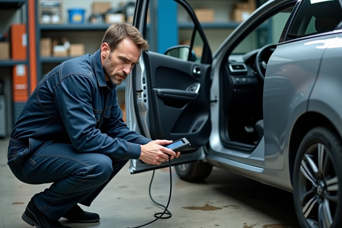 Mécanicien utilisant un outil de diagnostic OBD sur une Citroën C3 dans un garage automobile