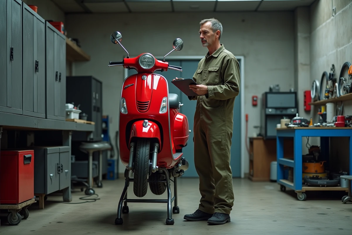 Mécanicien évaluant l'état mécanique d'un scooter d'occasion dans un atelier de réparation