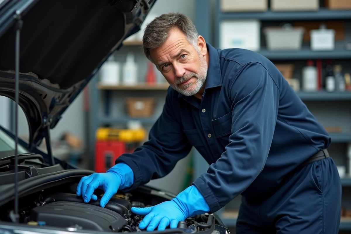 Mécanicien inspectant le moteur 1.6 TDI d'une voiture compacte dans un garage automobile professionnel