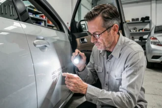 Mécanicien inspectant le numéro VIN gravé sur le montant de porte d'une voiture dans un garage