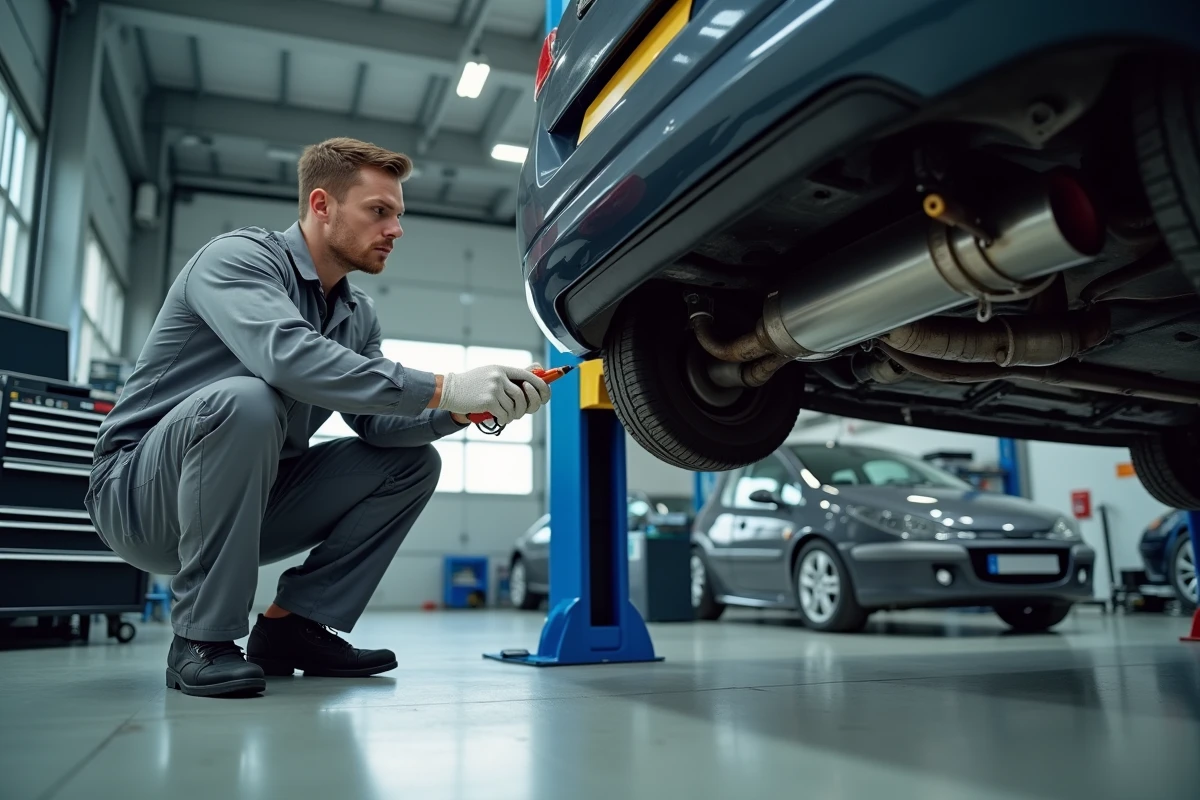 Mécanicien inspectant le système d'échappement et le catalyseur sous une Peugeot 207 sur pont élévateur dans un garage automobile professionnel