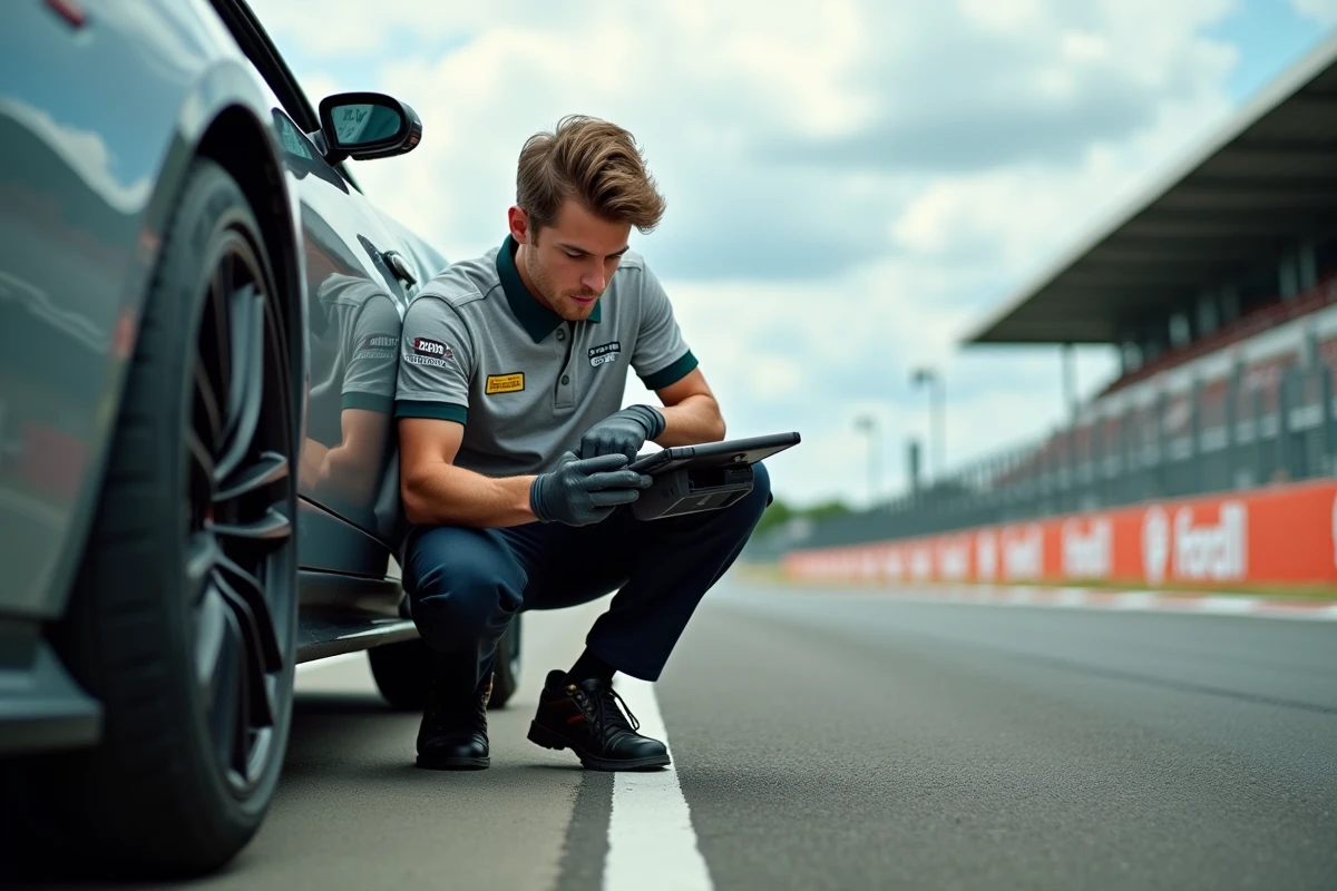 Mécanicien de course reprogrammant la cartographie DME d'une voiture de sport sur circuit automobile