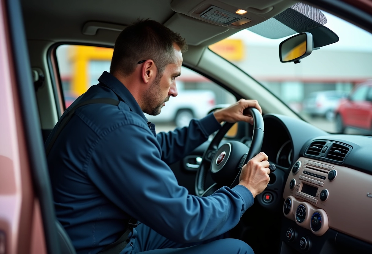 Mecanicien inspecte le tableau de bord d une Fiat 500