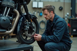 Mécanicien effectuant un contrôle technique sur une moto dans un garage d'inspection professionnel