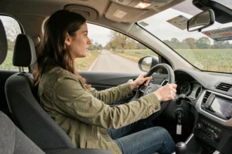 Élève en auto-école au volant d'une voiture d'apprentissage dans la région Charente