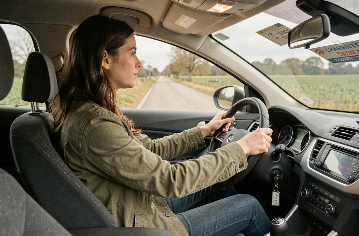 Élève en auto-école au volant d'une voiture d'apprentissage dans la région Charente