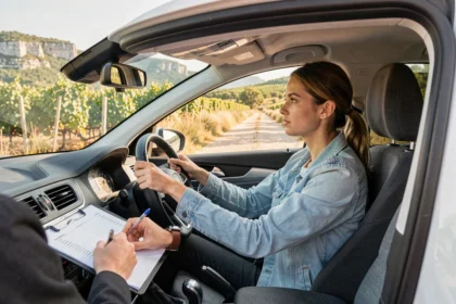 Une jeune femme en cours de conduite dans une auto-école de l'Hérault, vue depuis l'extérieur du véhicule sur une route provençale
