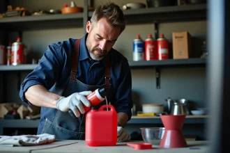 Mécanicien préparant le mélange huile deux temps dans un bidon d'essence rouge dans un garage