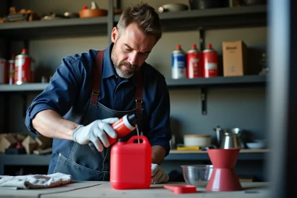 Mécanicien préparant le mélange huile deux temps dans un bidon d'essence rouge dans un garage