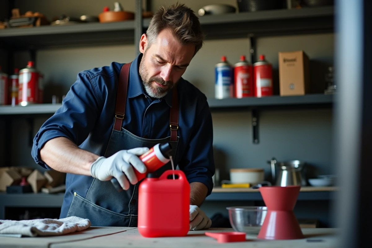 Mécanicien préparant le mélange huile deux temps dans un bidon d'essence rouge dans un garage