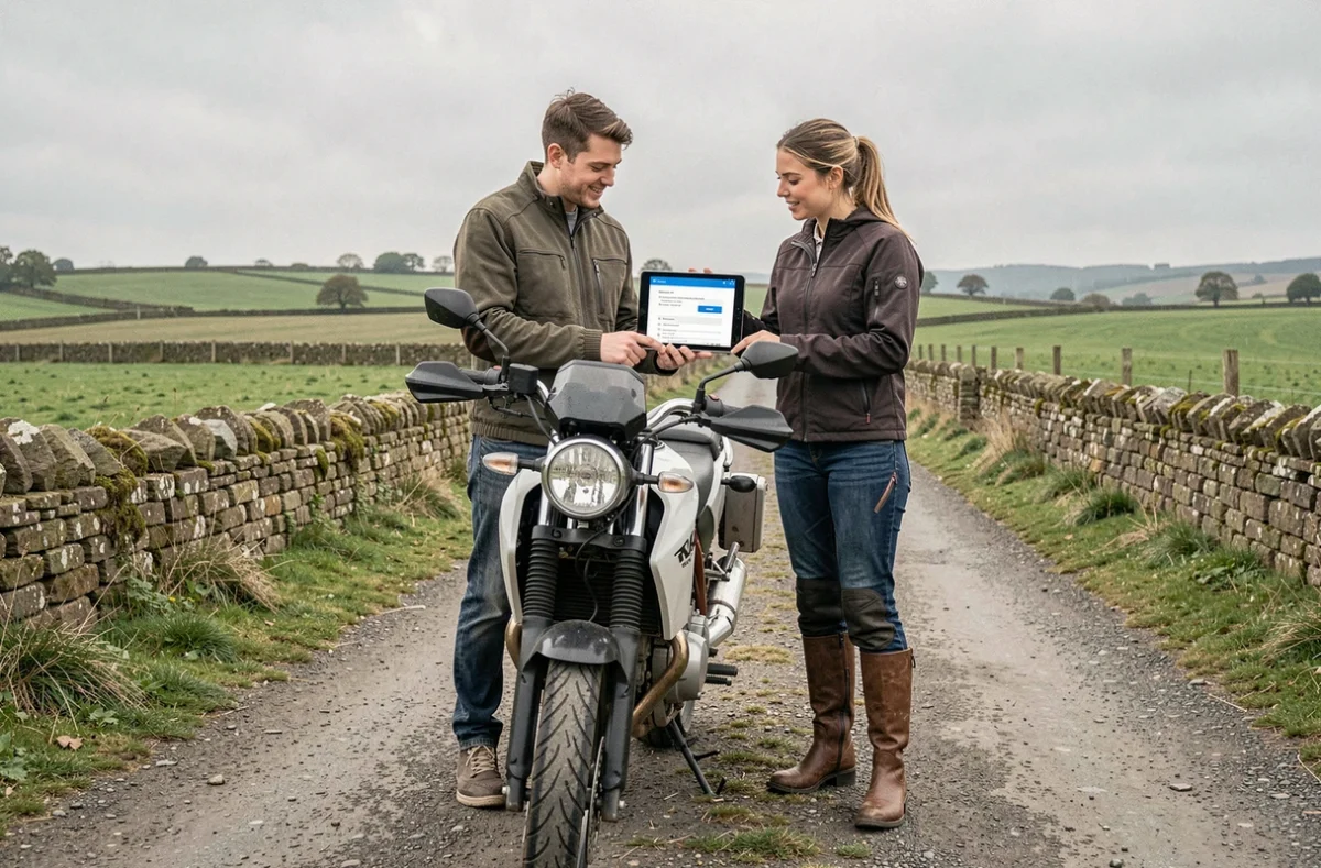 Deux jeunes motards consultant un devis d'assurance moto A2 sur tablette en bord de route à la campagne