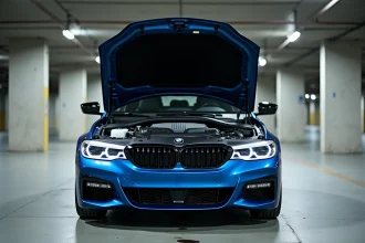 Moteur B47 BMW visible sous le capot d'une BMW Série 3 bleue garée dans un parking urbain, illustrant la fiabilité mécanique pour la revente